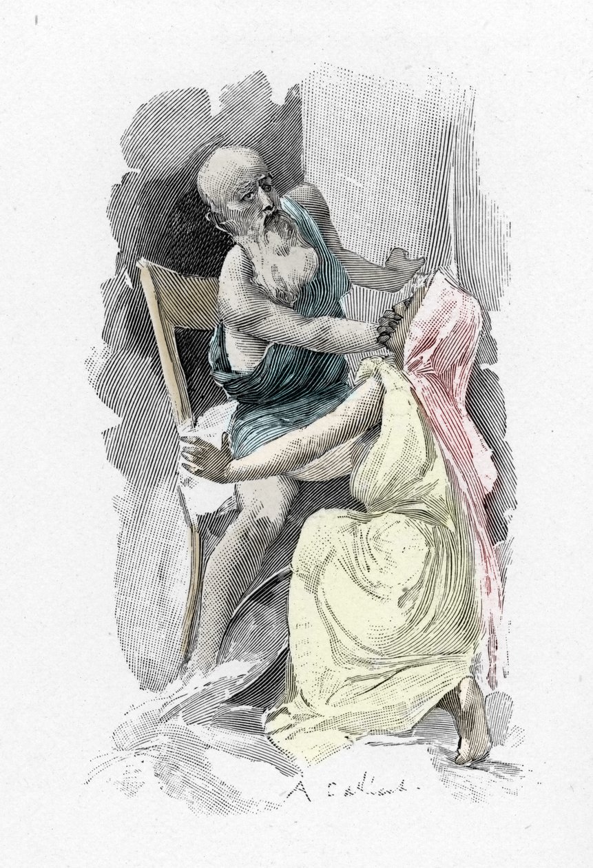 Odyssee d'Homere: Singing 19 "" Ulysses deguise en begdiant forplikter den gamle Euryclee som anerkjente ham til å tie" (Odyssey av Homer: Odysseus, forkledd som en tigger, sverger Eurycleia som har anerkjent ham, til hemmelighold) Illus av Antoine Calbet