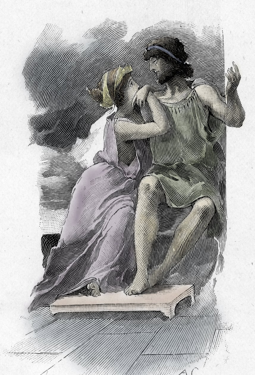 Odyssee d'Homere: Ulysses og Penelope (Odyssey av Homer: Odysseus og Penelope) Illustrasjon av Antoine Calbet (1860-1944) for "The odyssee" av den greske poeten Homere (Odyssey av Homer) 1897 Privat samling av Antoine Calbet