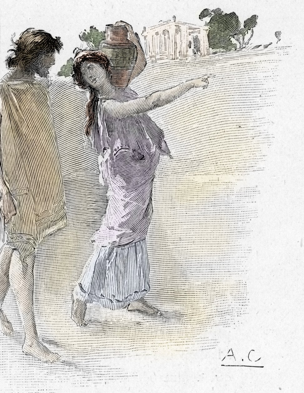 Odyssee d'Homere: sang VII: Odyssey av Homer: Odysseus hjulpet av Athena forkledd som en ung jente ankommer Alcinoos (Alkinous) palass) Illustrasjon av Antoine Calbet (1860-1944) for "The Odyssee" av den greske poeten Homere (Dyssey) av Homer av Antoine Calbet