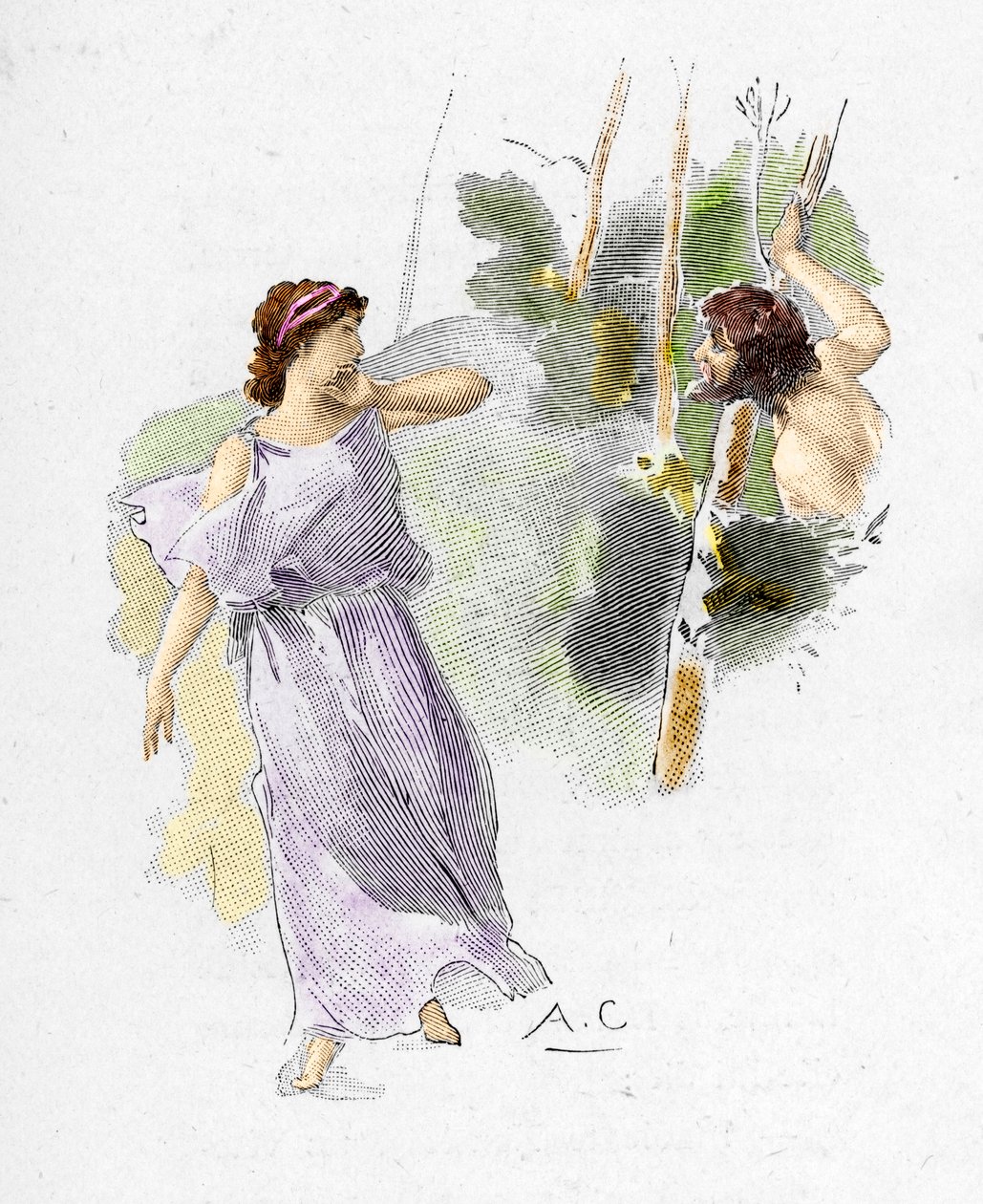 Odyssee av Homere: "" Nausicaa, datter av kong Alcinoos ser Ulysses naken og sulten spør henne om hjelp"" (Odysseus kommer ut av skogen helt naken, skremmer tjenerne til Nausicaa, datter av kong Alcinous, bort og ber henne om hjelp) Il av Antoine Calbet