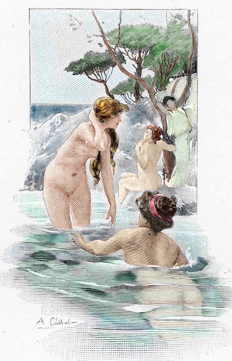 Odyssee av Homere: "Nausicaa, datter av kong Alcinous, og hennes tjenerinner som vasker klærne sine i elven" Illustrasjon av Antoine Calbet (1860-1944) for "The odyssee" av den greske poeten Homere (Odyssey av Homer) 1897 Privat samling av Antoine Calbet