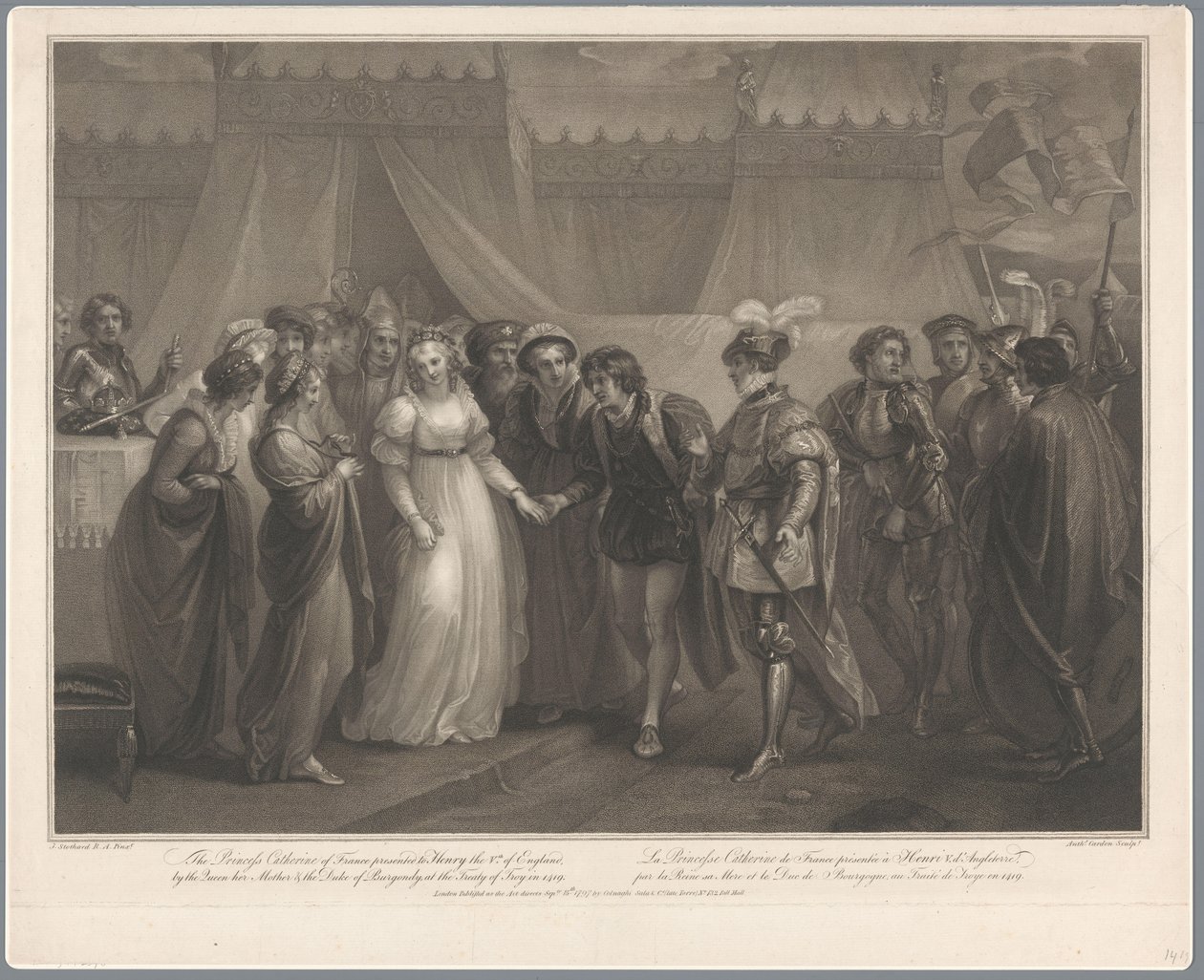 Catherine van Valois og konge Hendrik V van Engeland, 1420 Prinsessen Catherine av Frankrike presenterte Henrik den 5. av England (...) i 1419 / La Princesse Catherine de France (...) (tittel på objekt) av Antoine Cardon