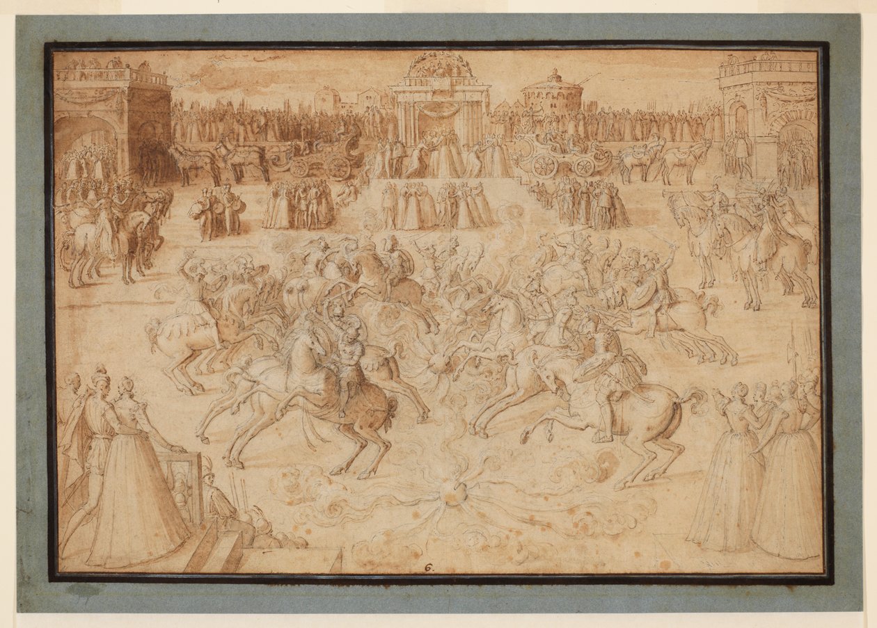 Et ridespill med ryttere som dyster blant fyrverkeri, 1575-c.1580 av Antoine Caron