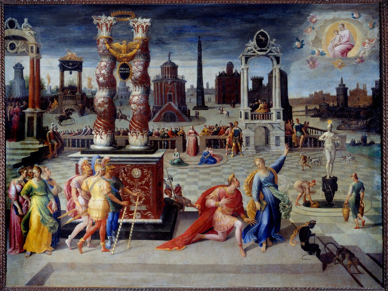 Sibyllen i Tibur Den romerske keiseren Augustus stiller spørsmål ved sibylla om det er en mann større enn ham, en jomfru dukker opp for ham med et barn i armene, og forutsier dermed Frelserens komme. Maleri av Antoine Caron (1521-1599) rundt 1575-15 av Antoine Caron