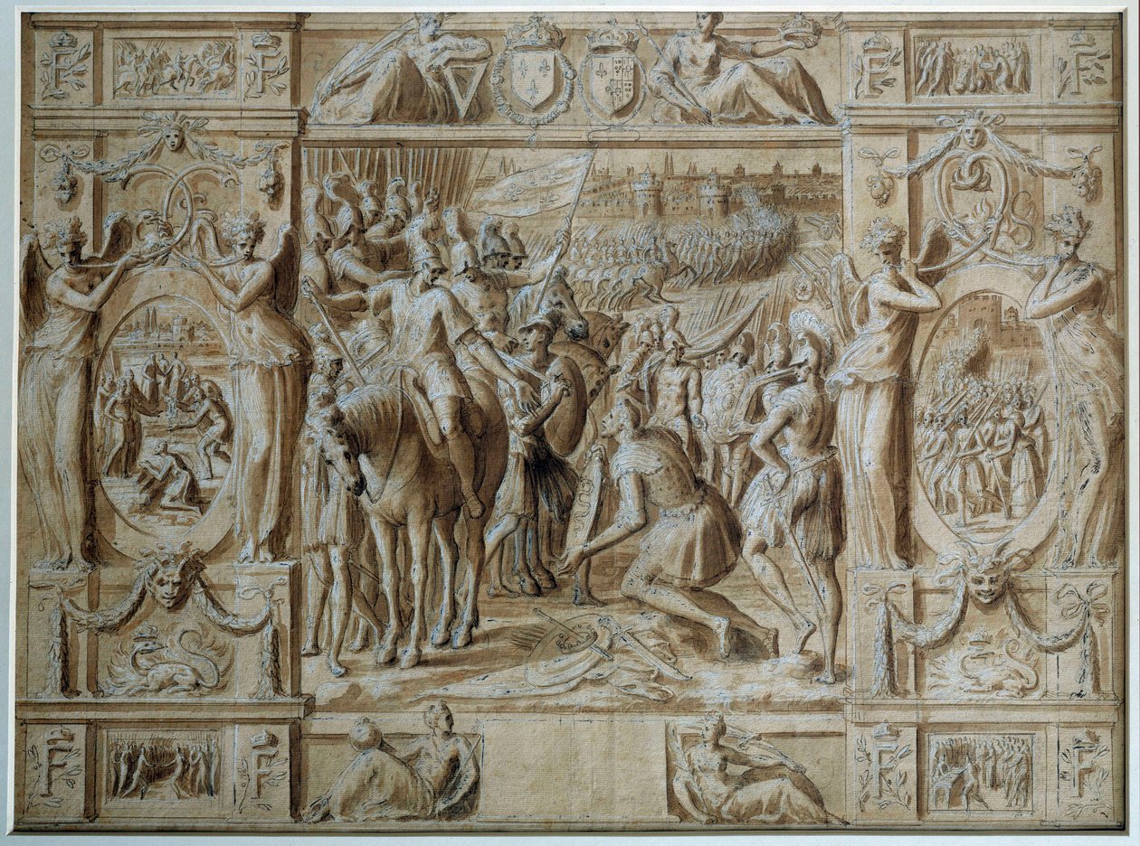 Milanos underkastelse Troppene til Francois I tok byen Milano etter seier i slaget ved Marignan i 1515. Tegning i penn og vask av Antoine Caron (1521-1599) Paris fra 1500-tallet, Louvre-museet av Antoine Caron