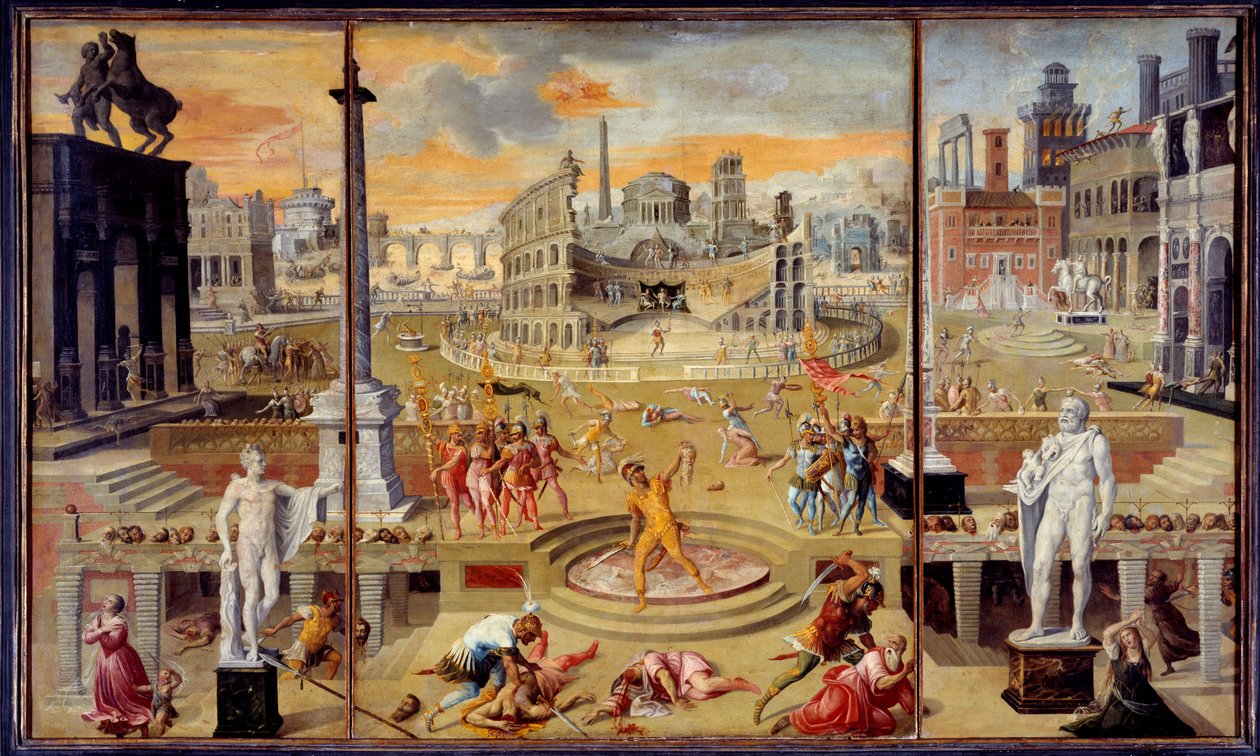 Massakrene til triumviratet: dette er massakren av den republikanske opposisjonen, den fant sted i Roma i 43 f.Kr. av Triumviratet til Octavius Cesar (Augustus), Antoine og Lepides. Maleri av Antoine Caron (1521-1599). 1566. Søn. 1,16x1,95 m Paris. L av Antoine Caron
