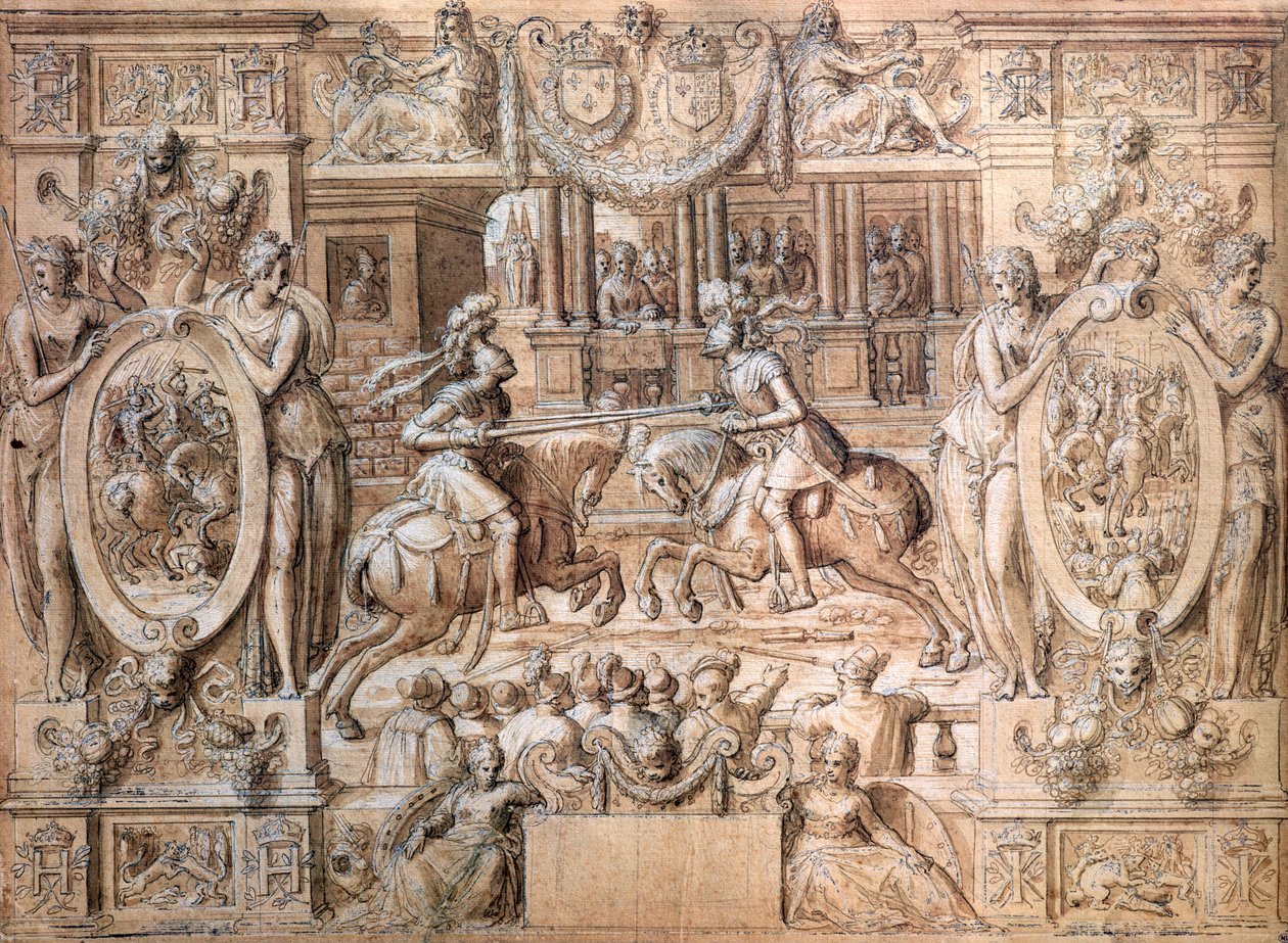 Turnering i anledning ekteskapet til Catherine de Medici (1519-89) og Henri II (1519-59) i 1533 (penn og på papir) av Antoine Caron