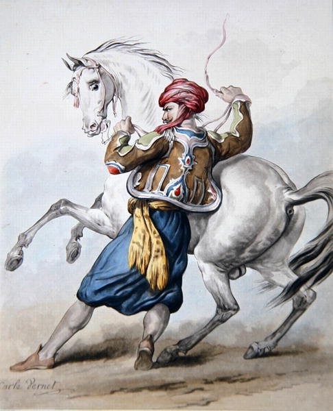 En perser prøver å overvinne en fransk hest (litho) av Antoine Charles Horace Vernet