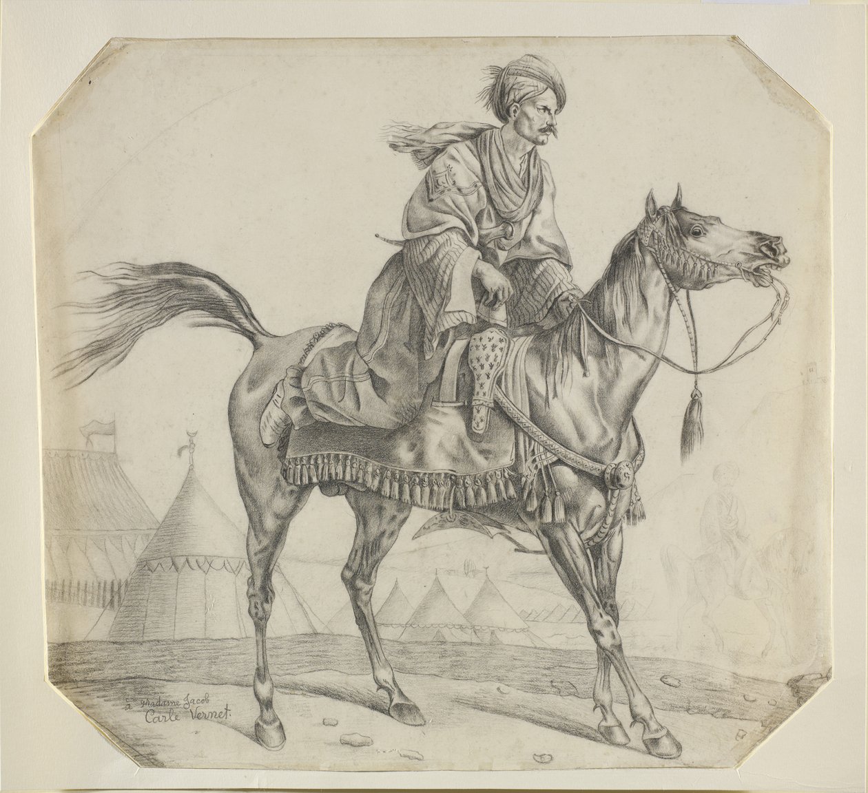 En mameluke som setter seg på hesten (svart kritt på papir) av Antoine Charles Horace Vernet