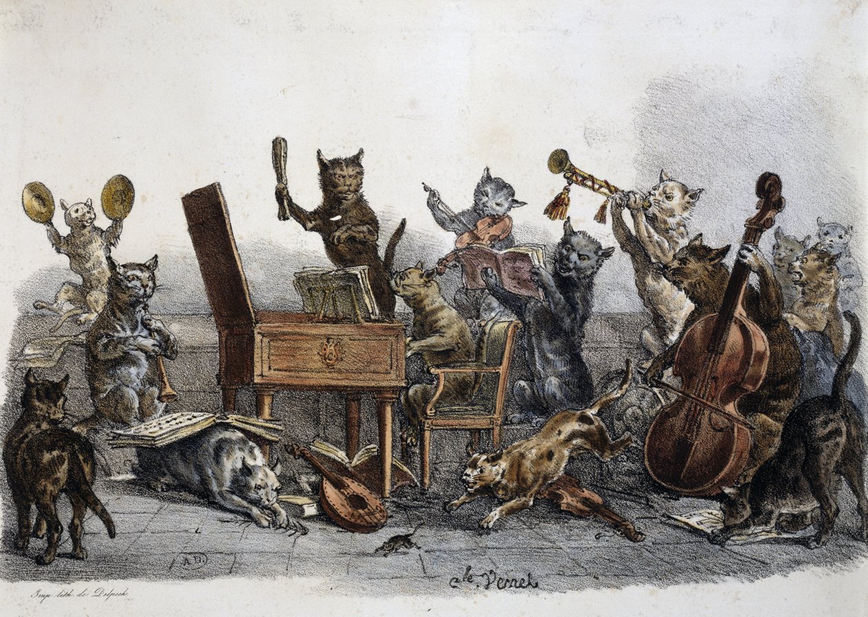 En amatørkonsert, karikatur av katter som spiller musikkinstrumenter, gravering av Carle Vernet (1758-1836), Frankrike av Antoine Charles Horace Vernet