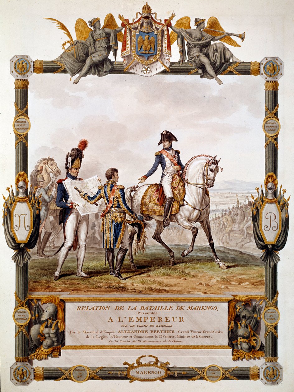 Frontispice av forholdet til slaget ved Marengo 14. juni 1800: Marechal Berthier viser kampstrategien ved Napoleon I. Illustrasjon av Antoine Dit Carle Vernet (1758-1836) av Antoine Charles Horace Vernet