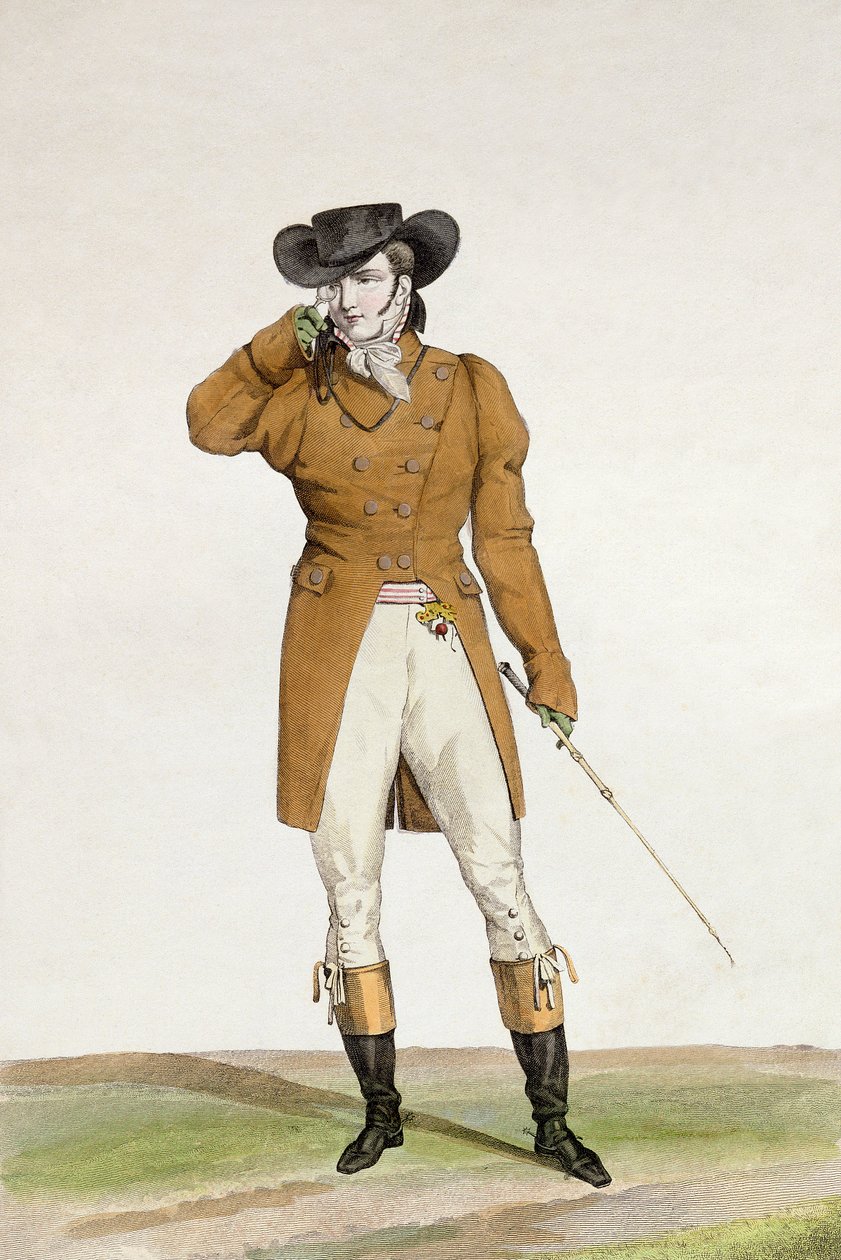 En Dandy kledd i en båtformet hatt, en dunfarget jakke og ridebukser, plate 1 fra 