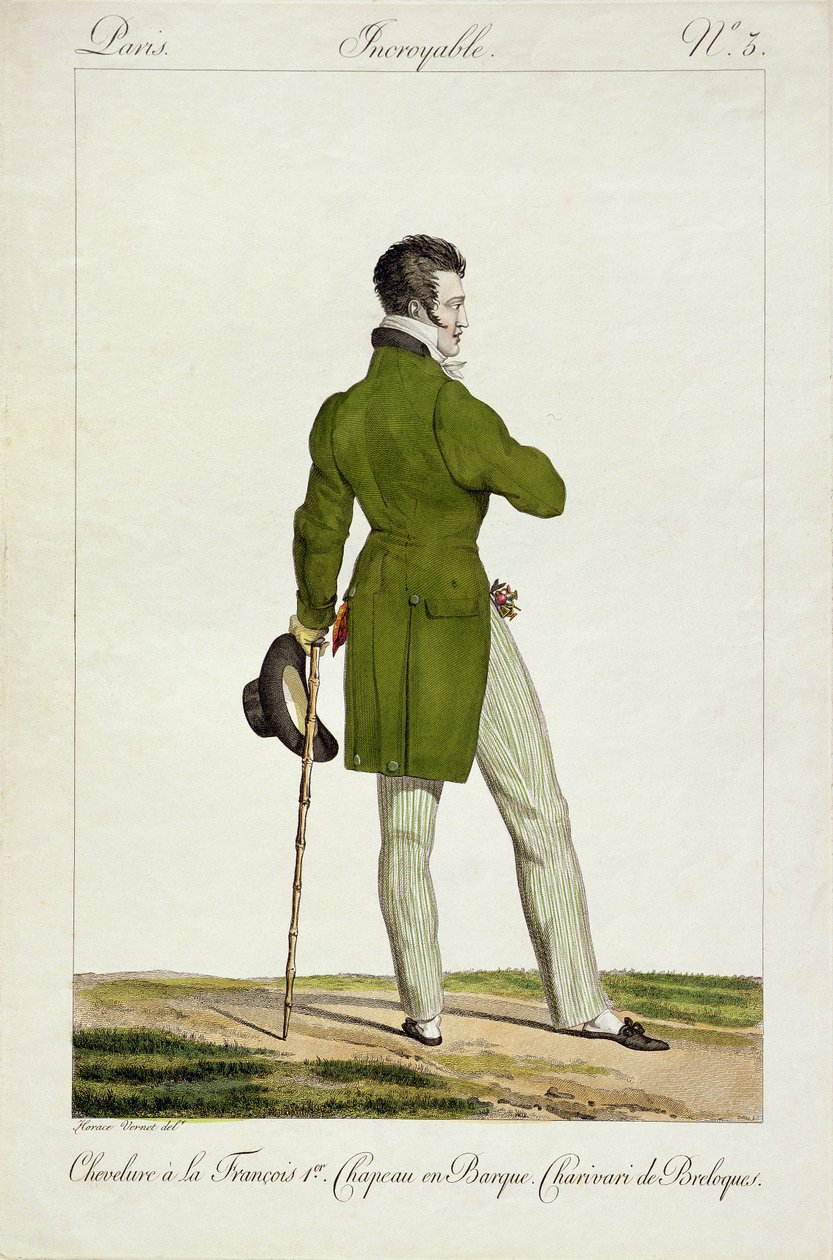 En Dandy med en 'Francois I'-frisyre og en samling av sjarm og pyntegjenstander, plate 3 i 'Incroyable et merveilleuses'-serien med moteplater, gravert av Georges Jacques Gatine (1773-1831) pub av Antoine Charles Horace Vernet