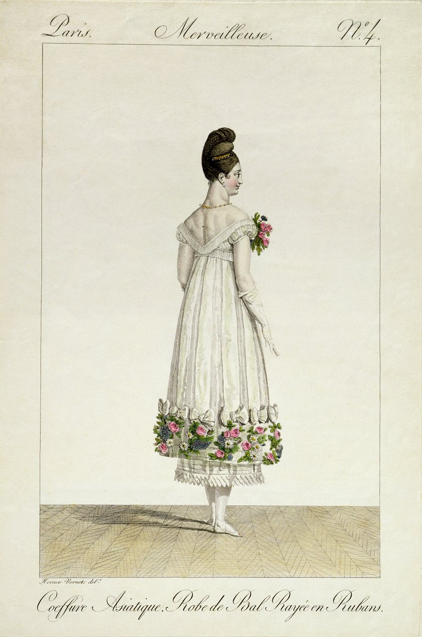En dame med en asiatisk frisyre i en ballkjole trimmet med bånd, plate 4 fra 