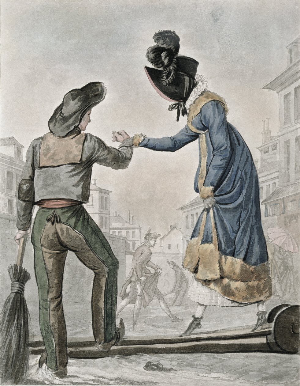 En kvinne som betaler en gatefeier for å krysse en landgang over en skitten gate av Antoine Charles Horace Vernet