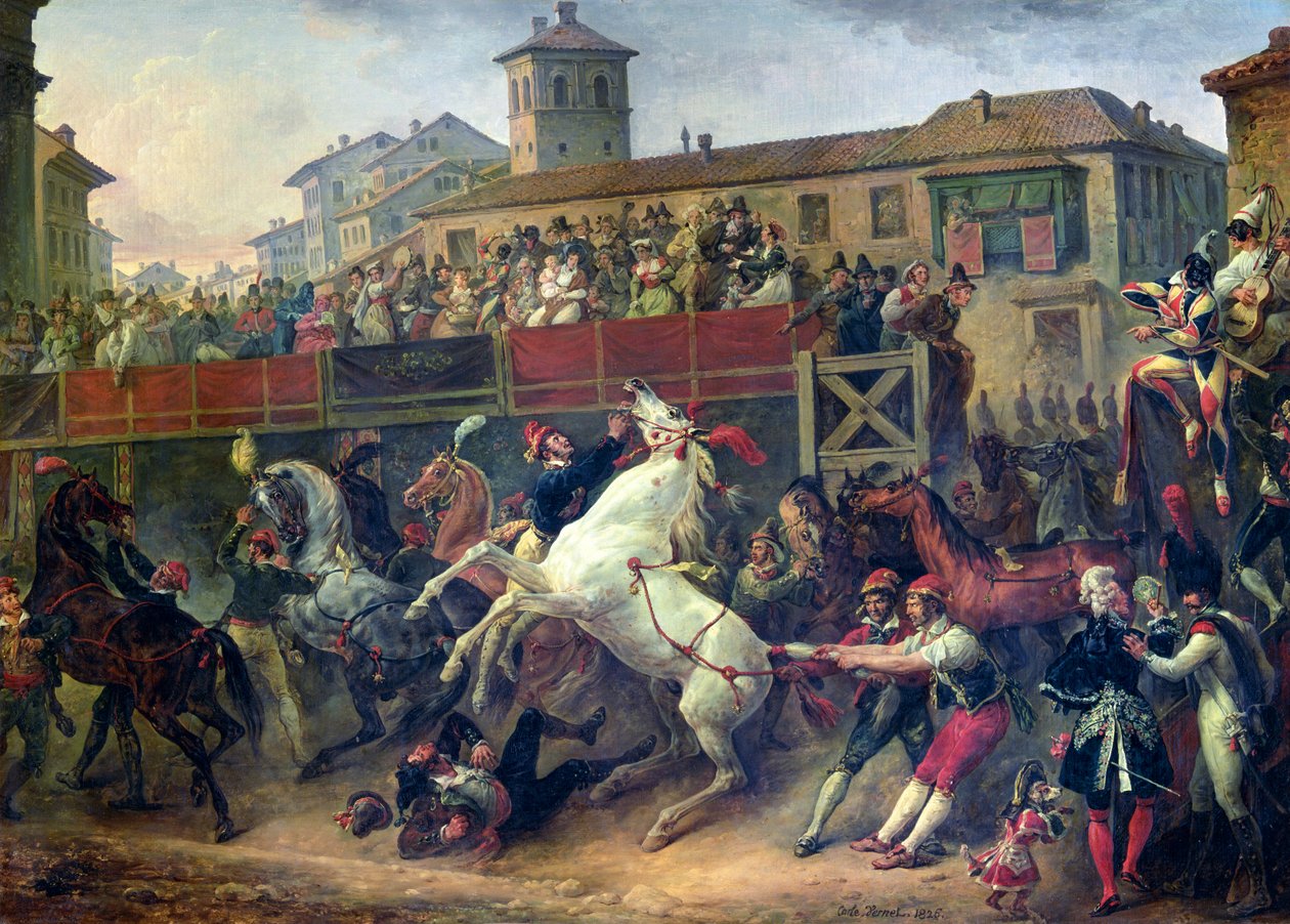 Scene av et umontert hesteveddeløp i Roma av Antoine Charles Horace Vernet
