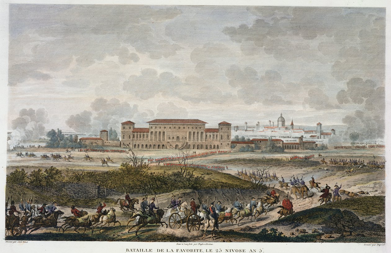 Slaget ved La Favorite, 25 Nivose, år 5 (januar 1797) gravert av Jean Duplessi-Bertaux (1747-1819) (akvatint) av Antoine Charles Horace Vernet