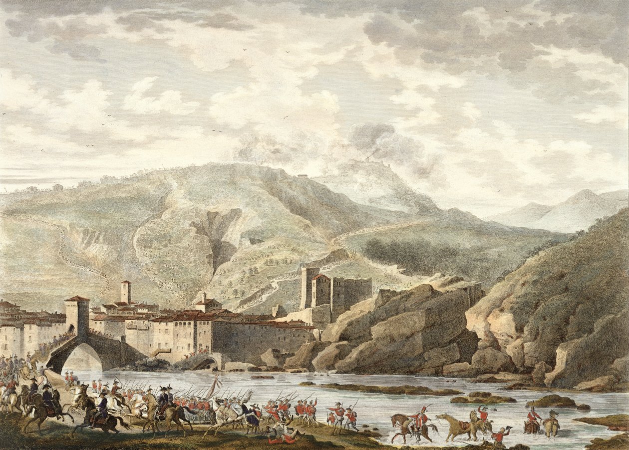 Slaget ved Millesimo, 25 Germinal, år 4 (april 1796) gravert av Jean Duplessi-Bertaux (1747-1819) (akvatint) av Antoine Charles Horace Vernet