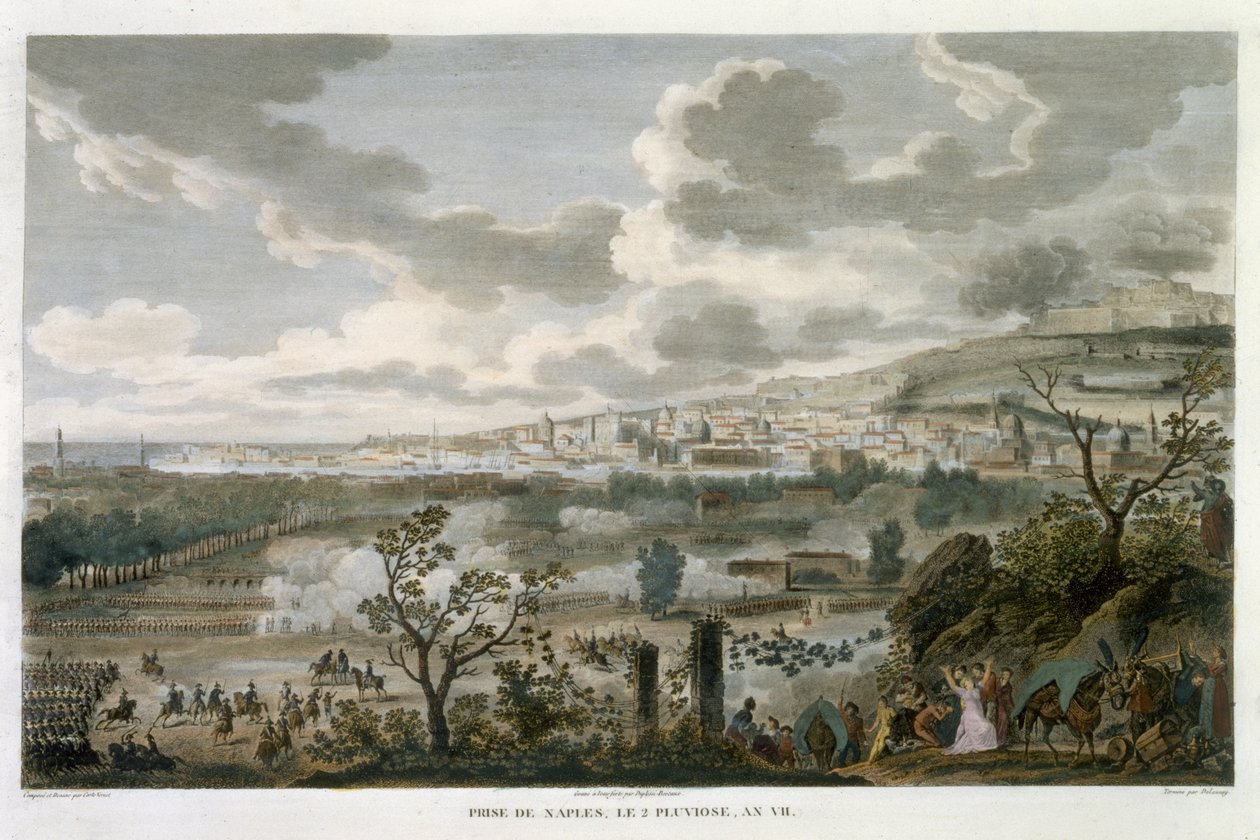 Capture of Napoli, 2 Pluviose, år 7 (23. januar 1799) gravert av Jean Duplessi-Bertaux (1747-1819) (akvatint) av Antoine Charles Horace Vernet
