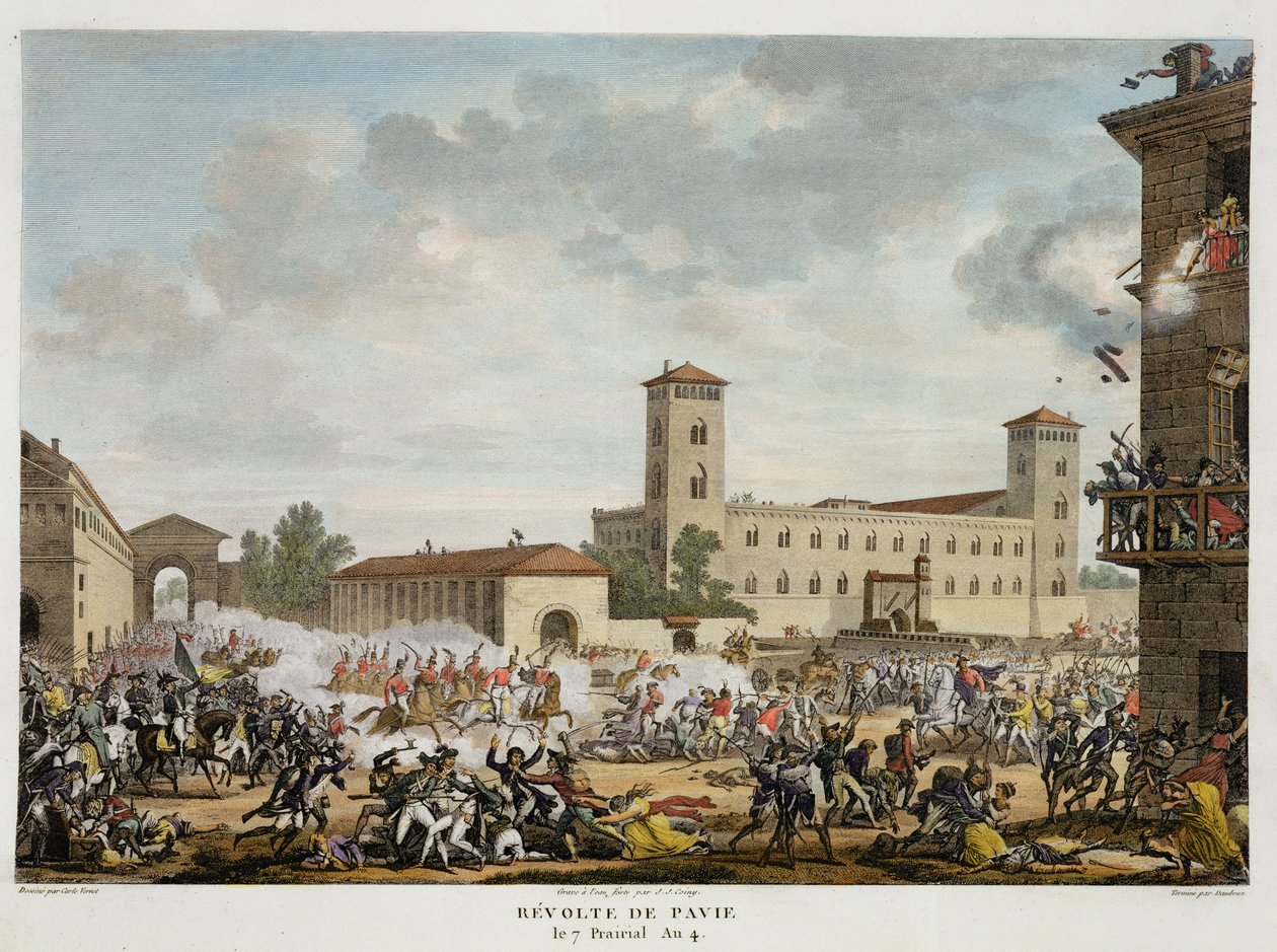 The Revolt of Pavia, 7 Prairial, år 4 (mai 1796) gravert av Jacques Joseph Coiny (1761-1809) (akvatint) av Antoine Charles Horace Vernet
