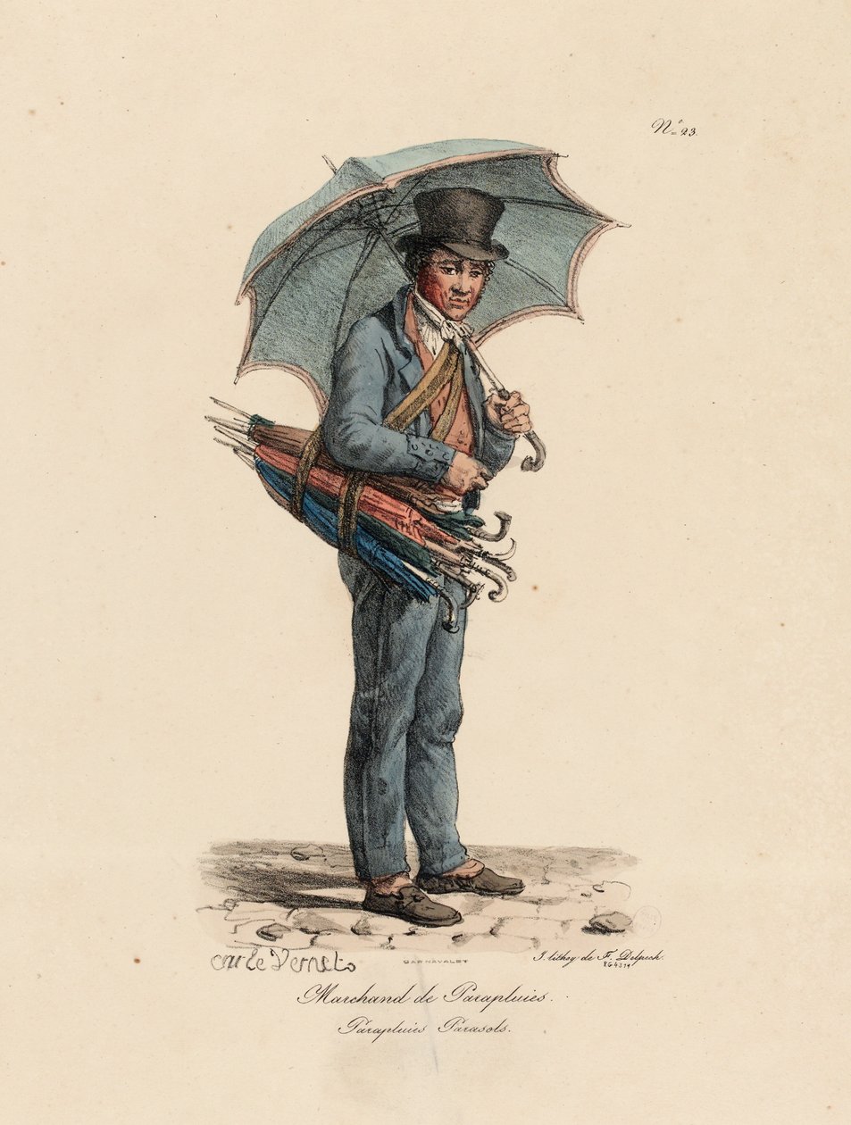 Paraply- og parasollselgeren, nummer 23 fra serien The Cries of Paris, gravert av Francois Seraphin Delpech (1778-1825) av Antoine Charles Horace Vernet