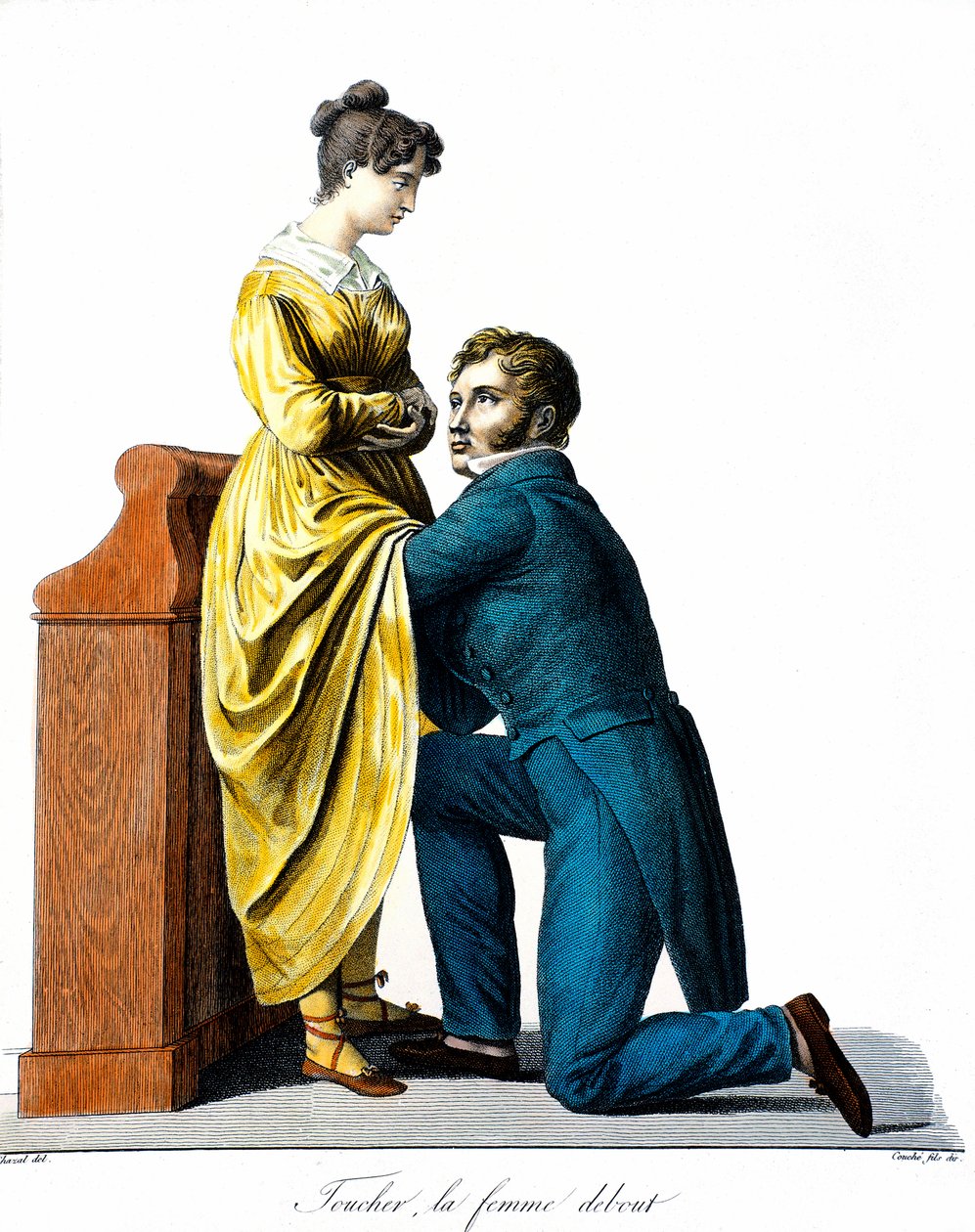Berøring av en kvinne som står: En pasient oppsøker en lege som auskulterer henne under kjolen. Gravering av Chazal (1800-tallet). Paris, medisinakademiet av Antoine Chazal