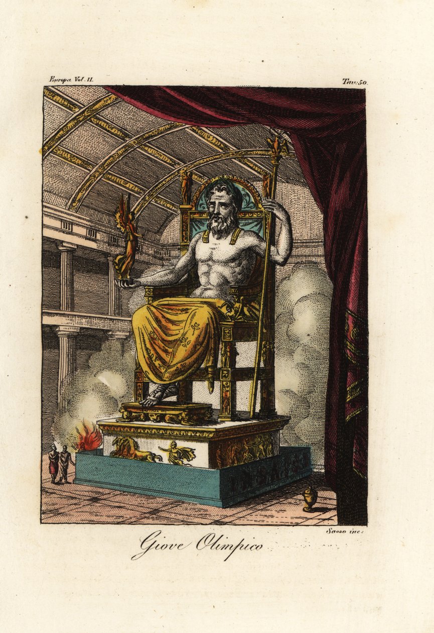 Statue av Zevs eller Jupiter ved Olympia, gigantisk sittende figur av den greske billedhuggeren Phidias rundt 435 f.Kr. ved helligdommen i Olympia, Hellas av Antoine Chrysostome Quatremère de Quincy