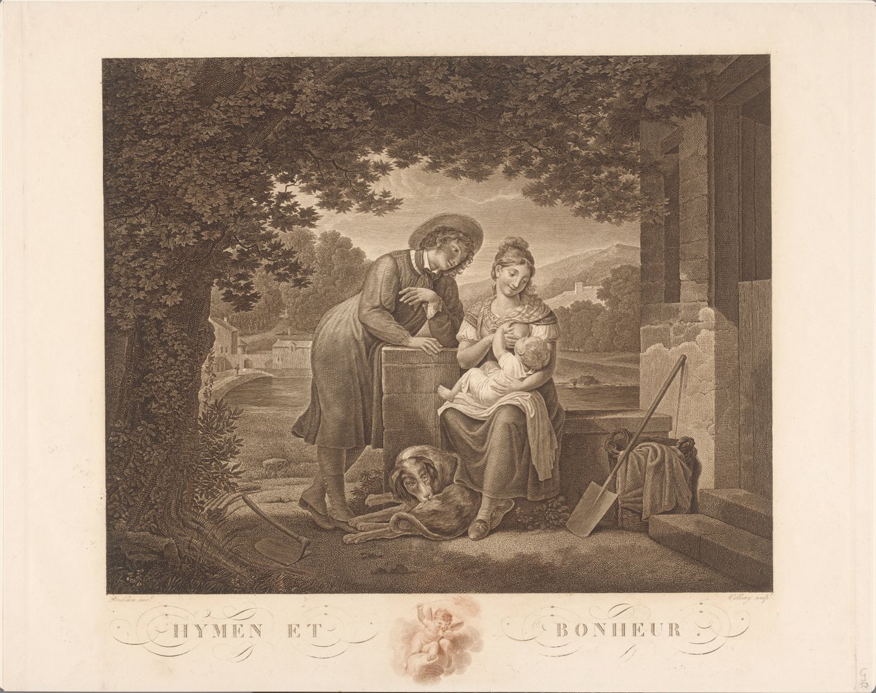 Ung familie med hunden Hymen et Bonheur (tittel på objekt) av Antoine Claude François Villerey