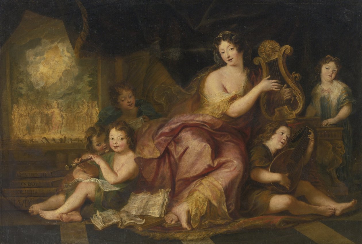 Allegori av musikk. Portrett av Madame de Maintenon 1635-1719, med de naturlige barna til Louis X av Antoine Coypel