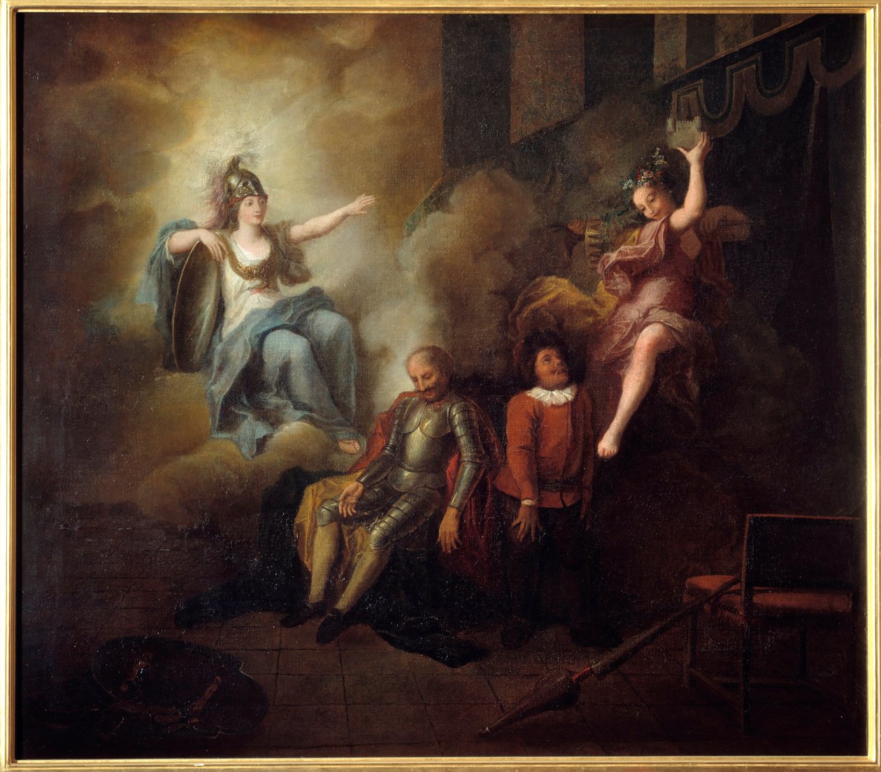 Don Quijote gleder sin galskap gjennom visdom. "Den geniale gentleman Don Quijote fra La Mancha" av Miguel de Cervantes Saavedra (1547-1616). Maleri av Charles Antoine Coypel (1694-1752), mellom 1714 og 1734. Olje på lerret. Mål: 1,24 x 1,42m. Compie av Antoine Coypel