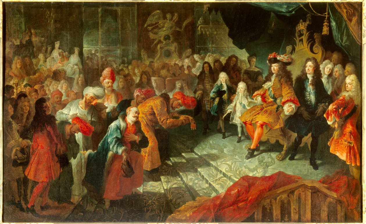 Kong Ludvig XIV (1638-1715) mottar Ambassador Extraordinary of Persia Mehemet Reza Bey (Raza-Bey) i galleriet til iskremen i Versailles 19.02.1715 Maleri tilskrevet Antoine Coypel (1661-1722) Søn. 0,7x1,5 m av Antoine Coypel