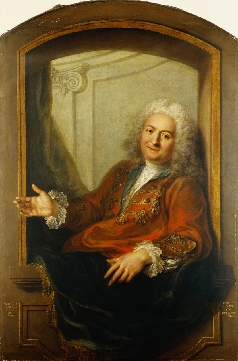 Portrett av Monsieur Dupille, midt på kroppen, i en kappe som sitter på kanten av et vindu, 1733 av Antoine Coypel