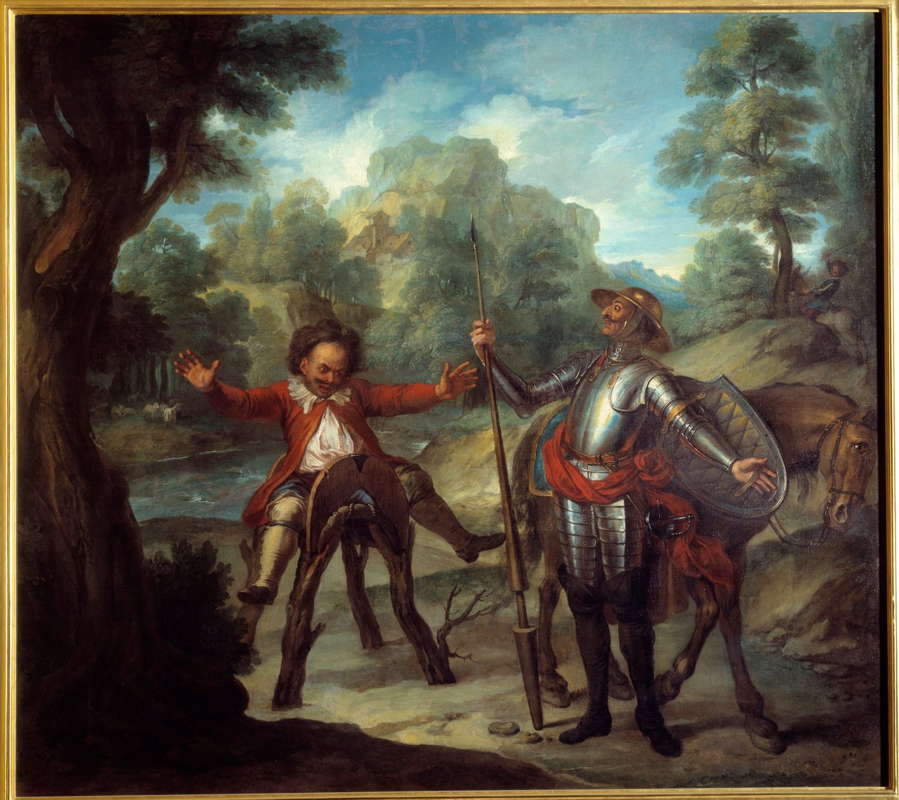 Historien om Don Quixote: Sancho våkner og desperat etter å ikke finne sin elskede Grison. «Den geniale gentleman Don Quijote fra La Mancha» av Miguel de Cervantes Saavedra (1547-1616). Maleri av Charles Antoine Coypel (1694-1752) av Antoine Coypel