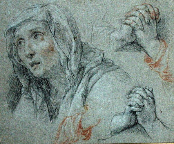 Studies for the Figure of the Virgin, ca. 1700 (svart og rødt kritt forhøyet med hvitt på papir) av Antoine Coypel