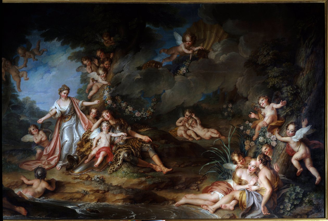 Den fortryllende Armide som ønsker å stikke Renaud vil avstå til Love (også kalt "The Sleep of Renaud"). Illustrasjon av en scene av "The Jerusalem Delivree" (La gerusalemme liberata) av Torquato Tasso (kjent som kruset). Maleri av Charles Antoine Coypel ( av Antoine Coypel