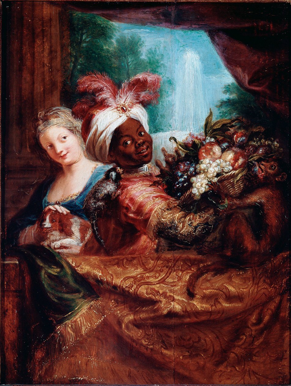 Ung jente som stryker en hund og svart tjener presenterer en kurv med frukt En liten ape ligger på skulderen hennes. Maleri av Antoine Coypel (1661-1722) Søn. 28x21,5 cm Paris, Musée du Louvre av Antoine Coypel