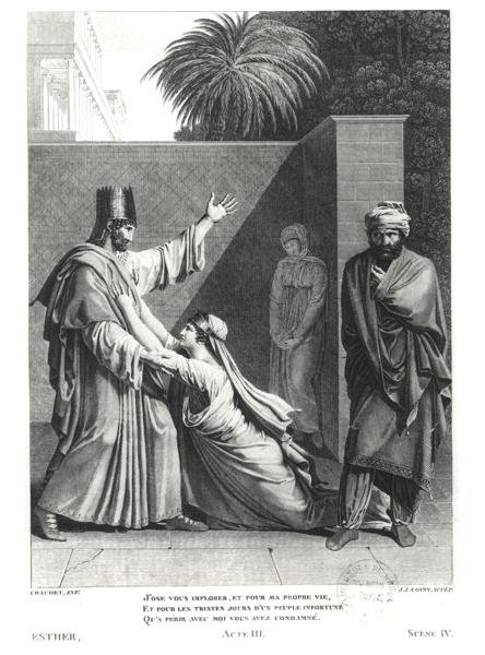 Esther ber Assuerus i nærvær av Aman, illustrasjon fra Esther av Jean Racine (1639-99) gravert av J.J. Coiny (1761–1809) av Antoine Denis Chaudet