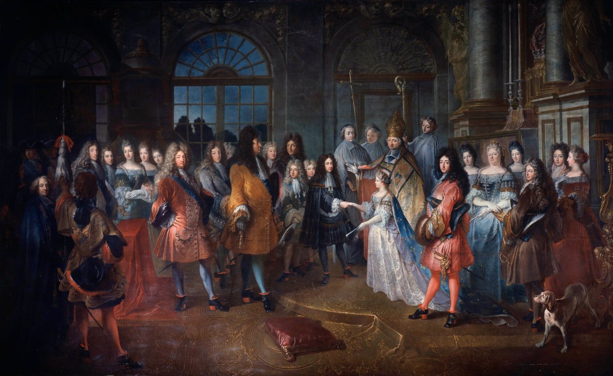 Vielse av Louis de France, hertugen av Burgund og Marie Adelaide av Savoy 7.12.1697 Seremonien finner sted i nærvær av kong Ludvig XIV (1638-1715) i sentrum. De unge som gifter seg blir velsignet av kardinal de Coislin. Maleri av Antoine Dieu (166 av Antoine Dieu