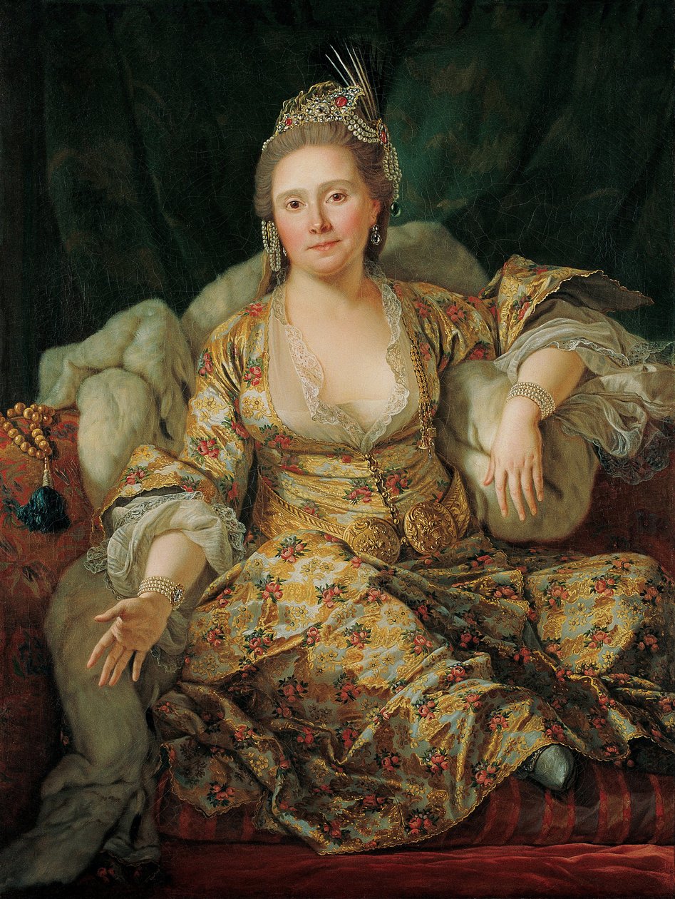 Portrett av Annette Duvivier, Comtesse de Vergennes, i orientalsk kostyme - Maleri av Antoine de Favray (1706-1791), olje på lerret (129x96 cm), andre halvdel av 1700-tallet - Portrett av Annette Duvivier, Comtesse de Vergennes, på orientalsk Kostyme, Oh av Antoine Favray