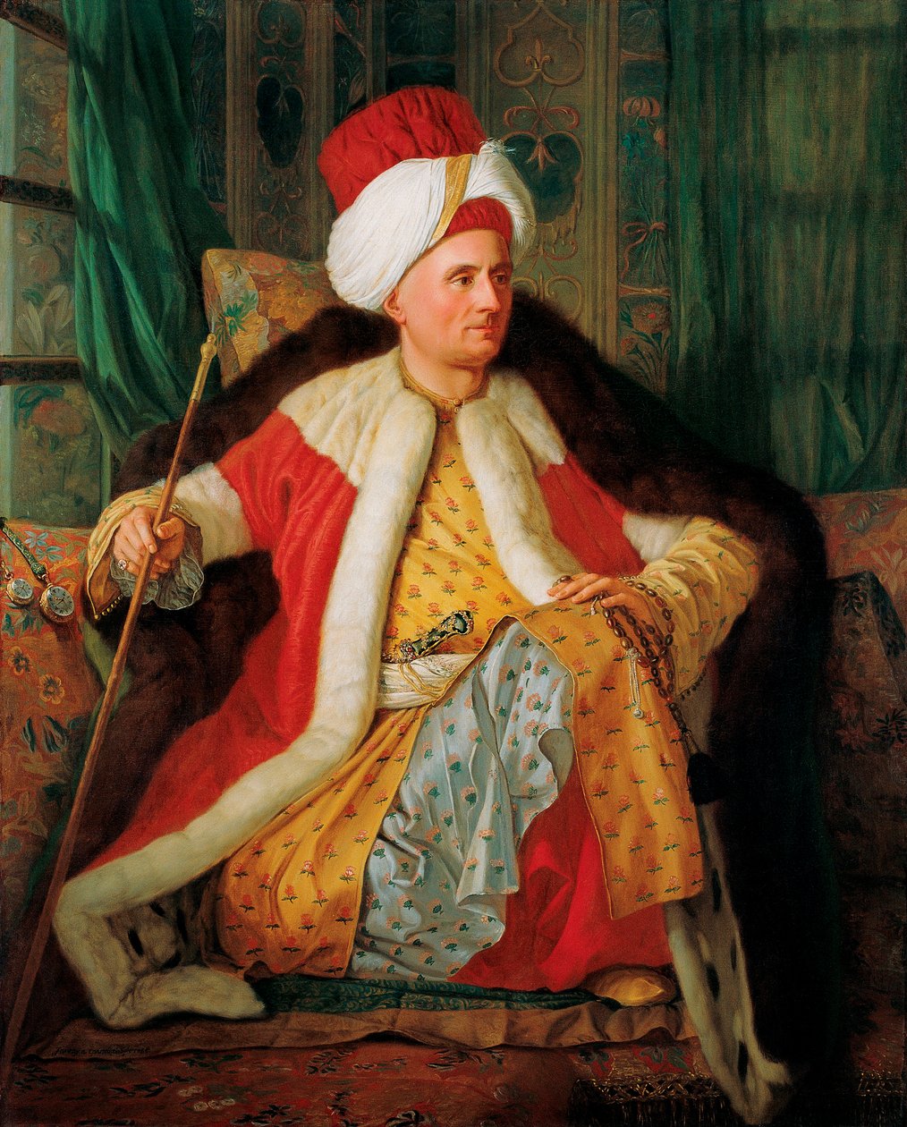 Portrett av Charles Gravier de Vergennes (1719-1787) diplomat i tyrkisk antrekk (Portrett av Charles Gravier greve av Vergennes og fransk ambassadør, i tyrkisk antrekk) - Maleri av Antoine de Favray (1706-1791), olje på lerret av Antoine Favray