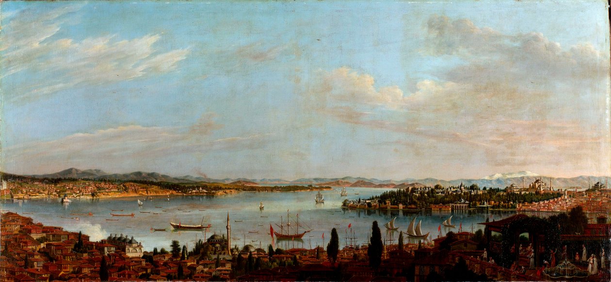 Panoramautsikt over Istanbul, Tyrkia"" (Panoramautsikt over Istanbul) Maleri av Antoine Favray (1706-1791) Olje på lerret 1700-tallet Dim 100x213 cm Pera Museum, Istanbul av Antoine Favray