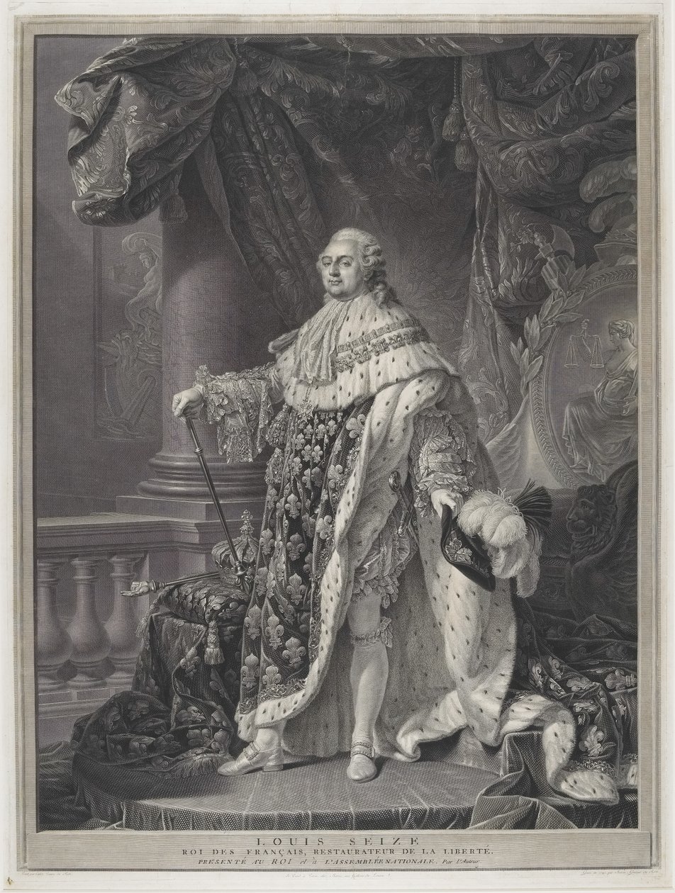 Le Sacre - Portrett av kong Louis XVI i Coronation Regalia, gravert av Charles-Clément Bervic (1756-1822) av Antoine Francois (after) Callet