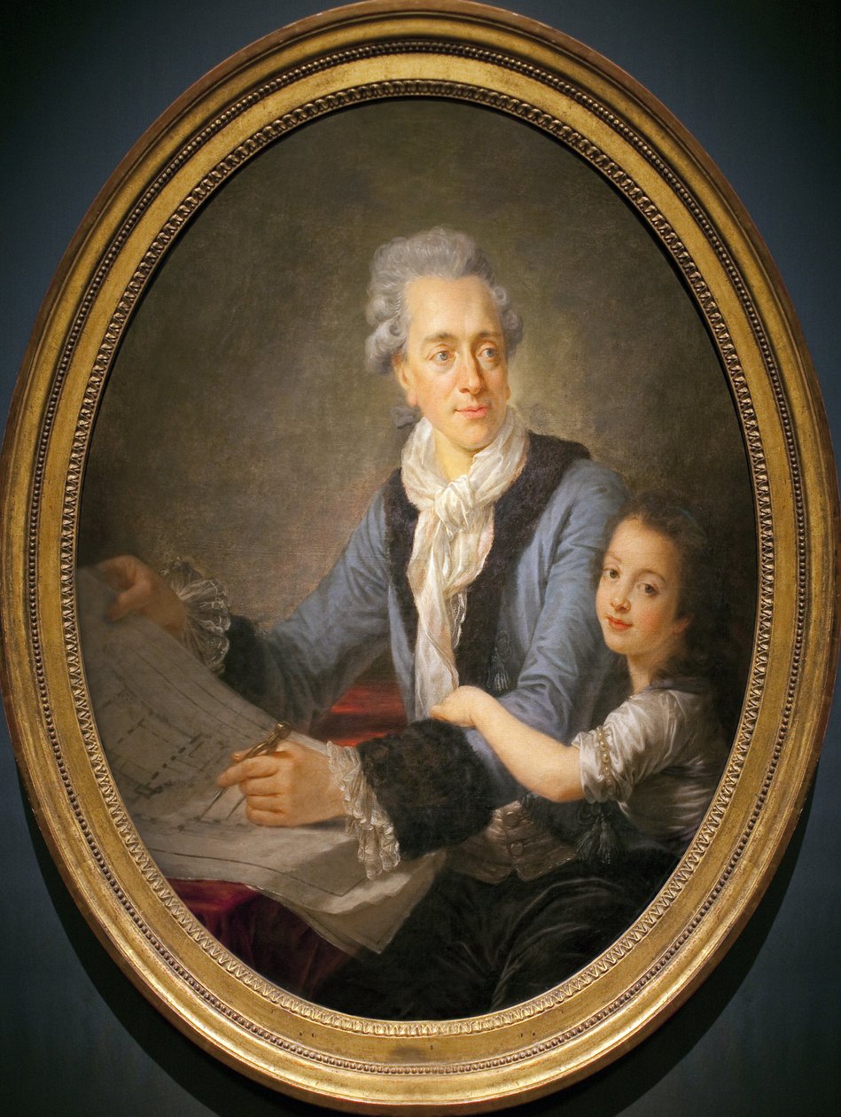 Portrett av Claude Nicolas Ledoux (1736-1806), med datteren Adelaide. (Ledoux har planene for huset til direktøren for industribyen Arc et Senans (Franche Comte), det ambisiøse programmet til denne ideelle byen, som forble uferdig, av Antoine François Callet