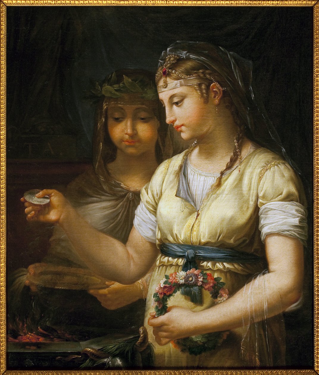 To vestaler forbereder et offer. Maleri av Antoine Francois (Antoine-Francois) Callet (1741-1823), olje på lerret av Antoine François Callet
