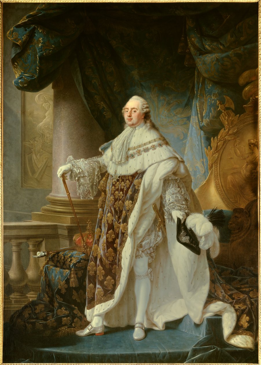 Portrait en pied du roi de France Louis XVI (1754-1793), iført den store kongelige drakten i 1779 Maleri av Antoine Francois (Antoine-Francois) Callet (1741-1823) 1779 Dim. 2,7x1,89 m - - Portrett av kongen av Frankrike Ludvig XVI (1754-1793) i kronen hans av Antoine François Callet