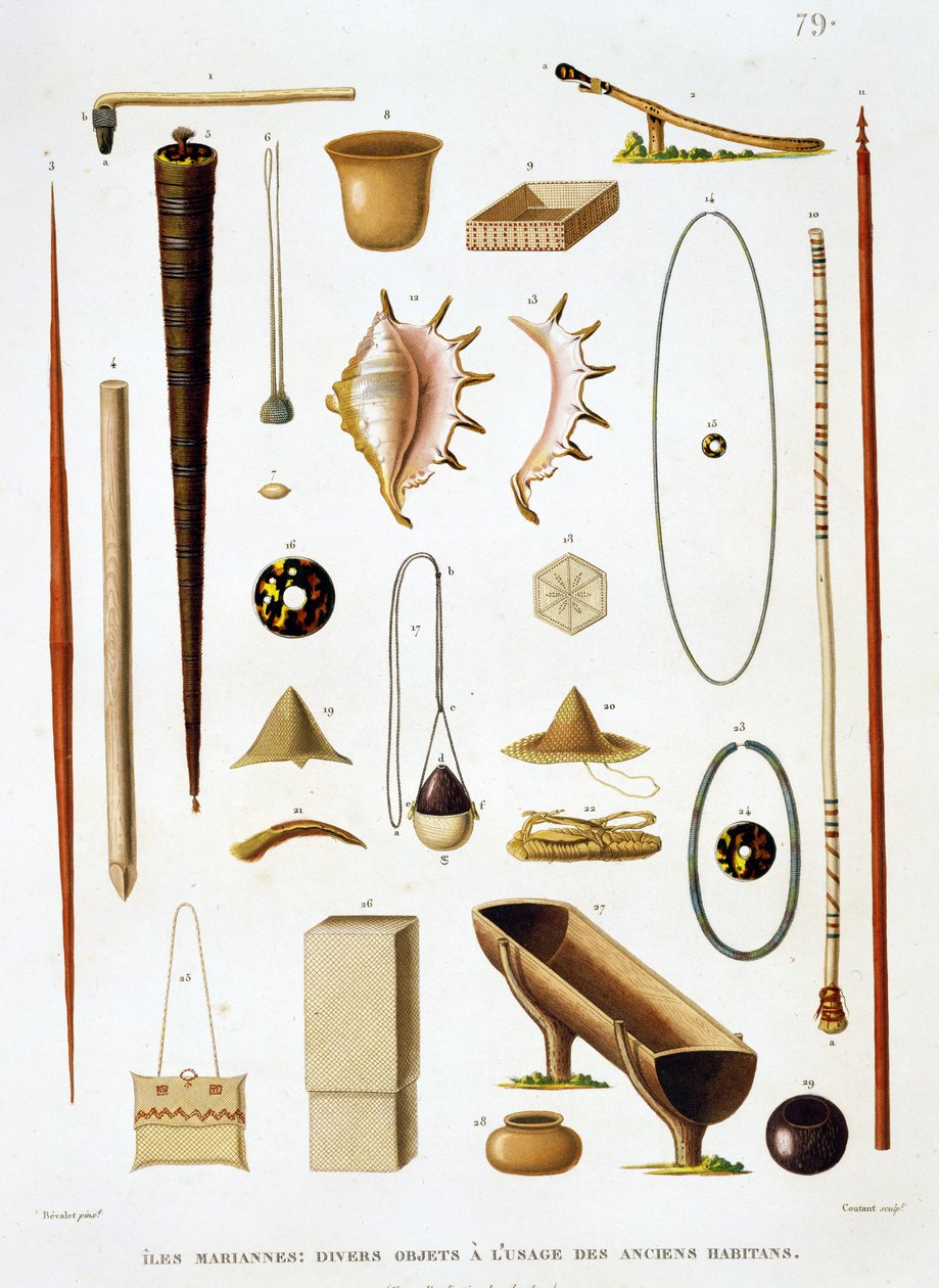 Husholdningsredskaper og våpen fra Marianasøyene, fra Voyage autour du Monde (1817-20), av Louis Claude De Saulces de Freycinet (1779-1842) gravert av Jean Louis Denis Coutant (1776-1831), s. av Antoine Germain Bevalet