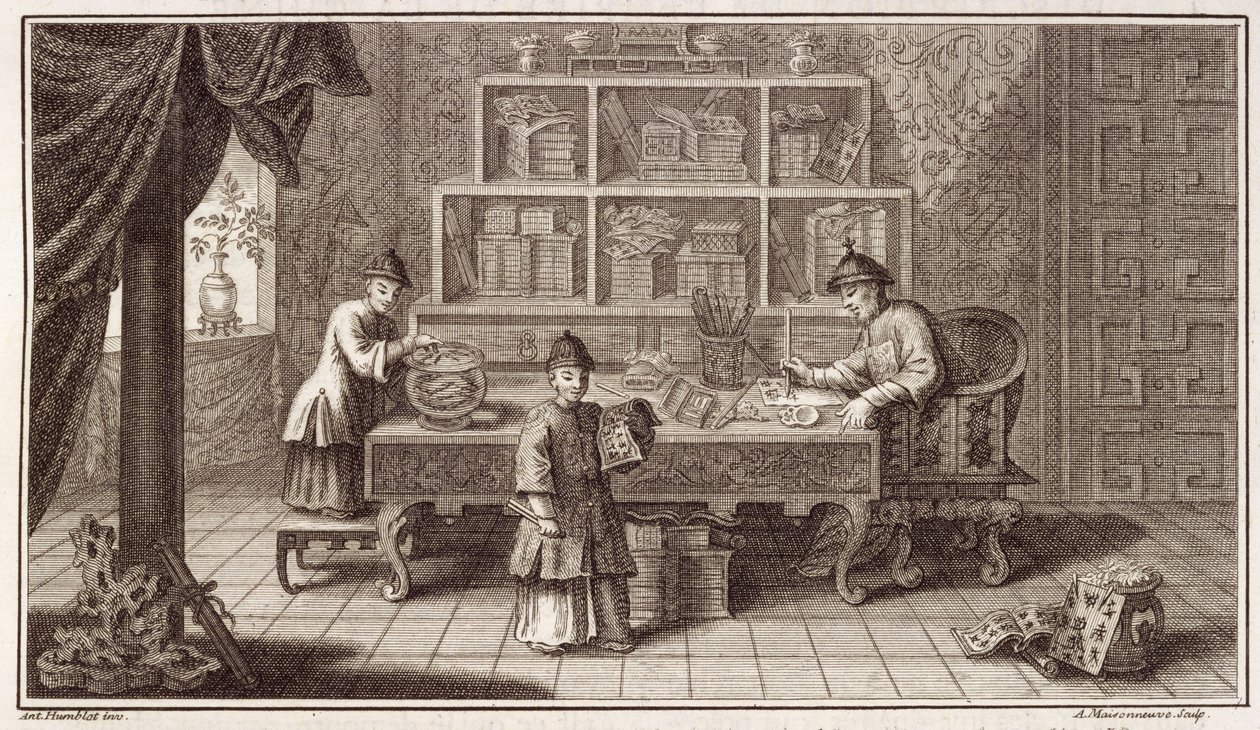 En kinesisk kalligrafibutikk, fra en beretning om den nederlandske ambassaden i Kina, gravert av A. Maisonneuve, ca. 1670-tallet av Antoine Humblot