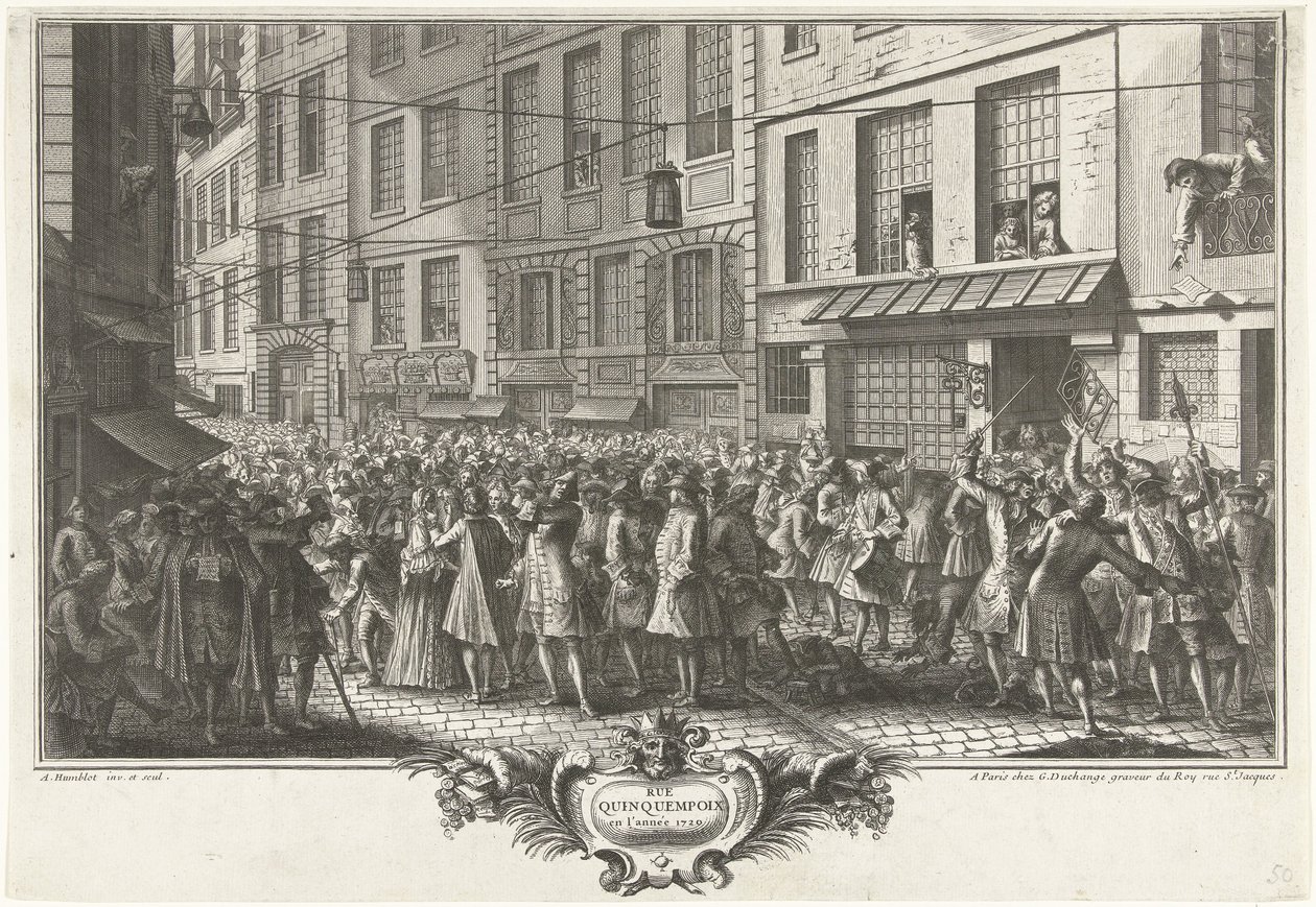 Fra Rue Quinquempoix, 1720 Rue Quinquempoix i år 1720 (tittel på objekt) Het Groote Tafereel der Dwaasheid (serietittel) av Antoine Humblot