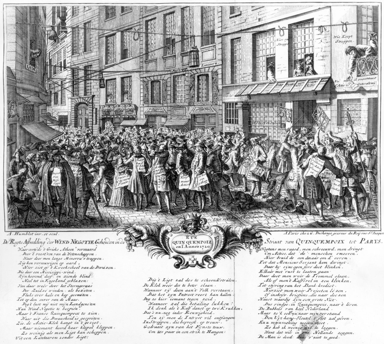 Investorer foran Banque Royales hovedkvarter i Rue Quincampoix, Paris, 1720 av Antoine Humblot