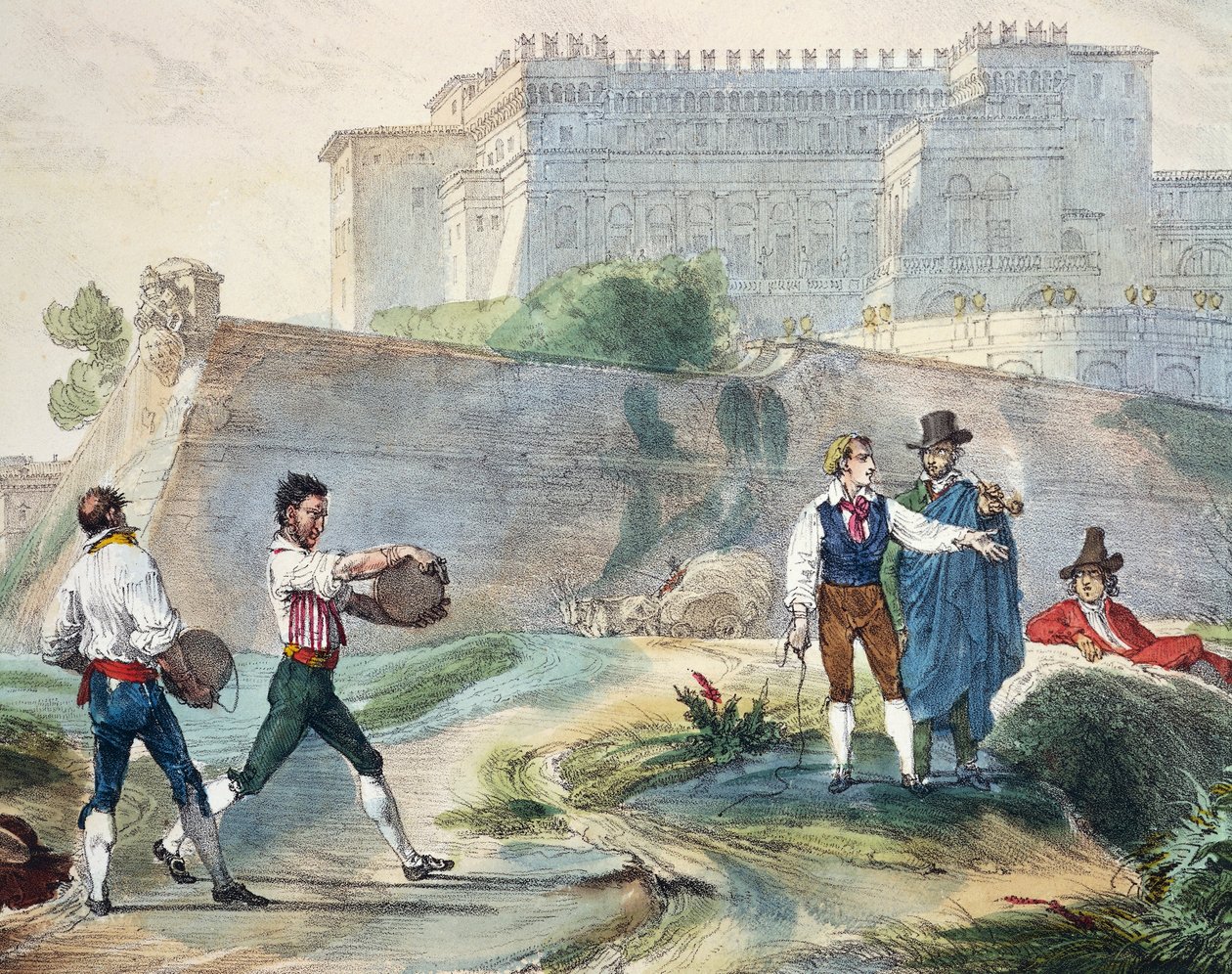Playing ruzzica, av Antoine Jean-Baptiste Thomas (1791-1834), fargelitografi fra Ett år i Roma og omegn av Antoine Jean Baptiste Thomas